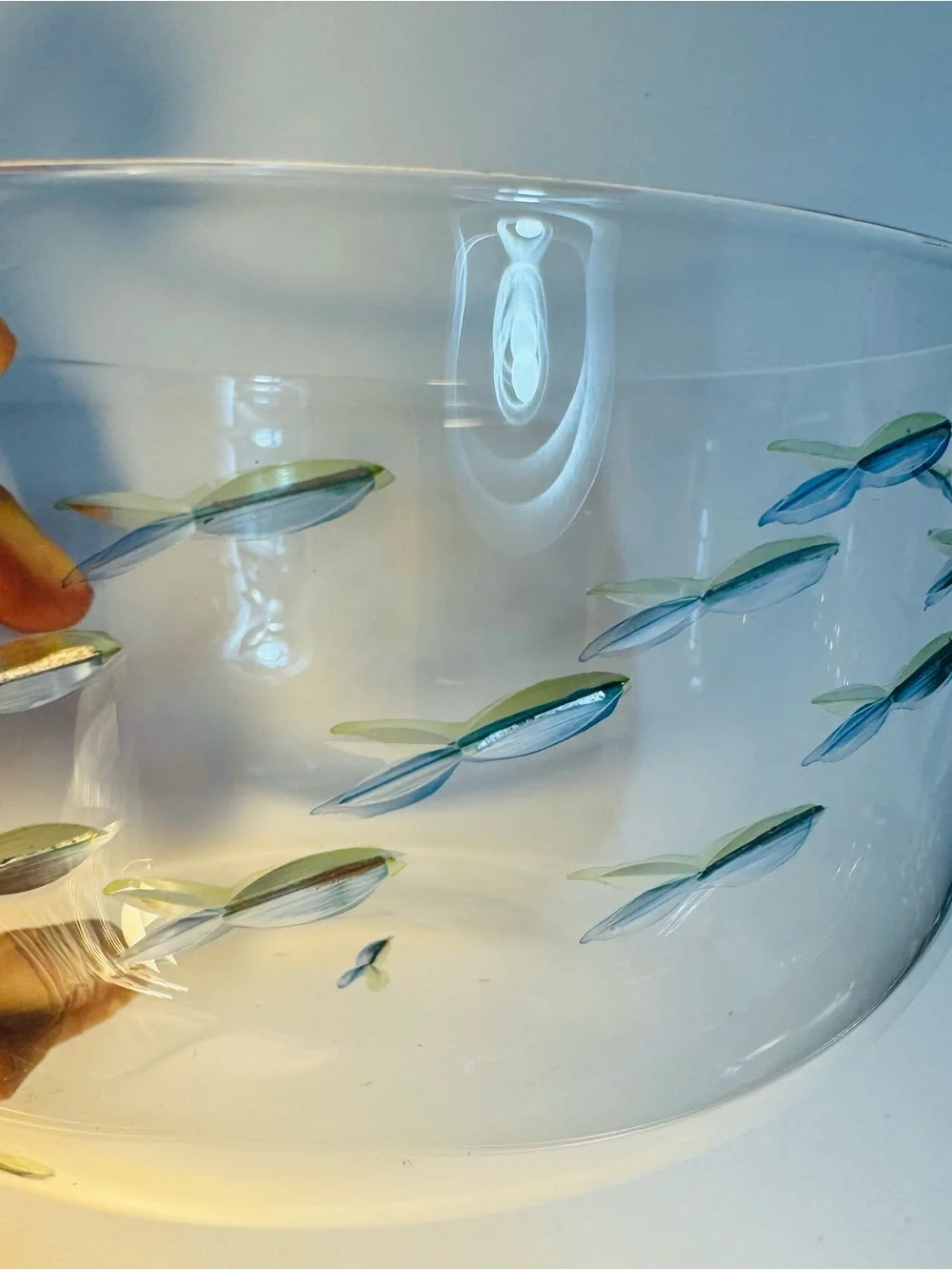 School of Fish Bowl Medium Bowl with Etched Blue Fish Design